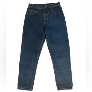 Dark wash denim super high waist mom jeans for outdoors, camping